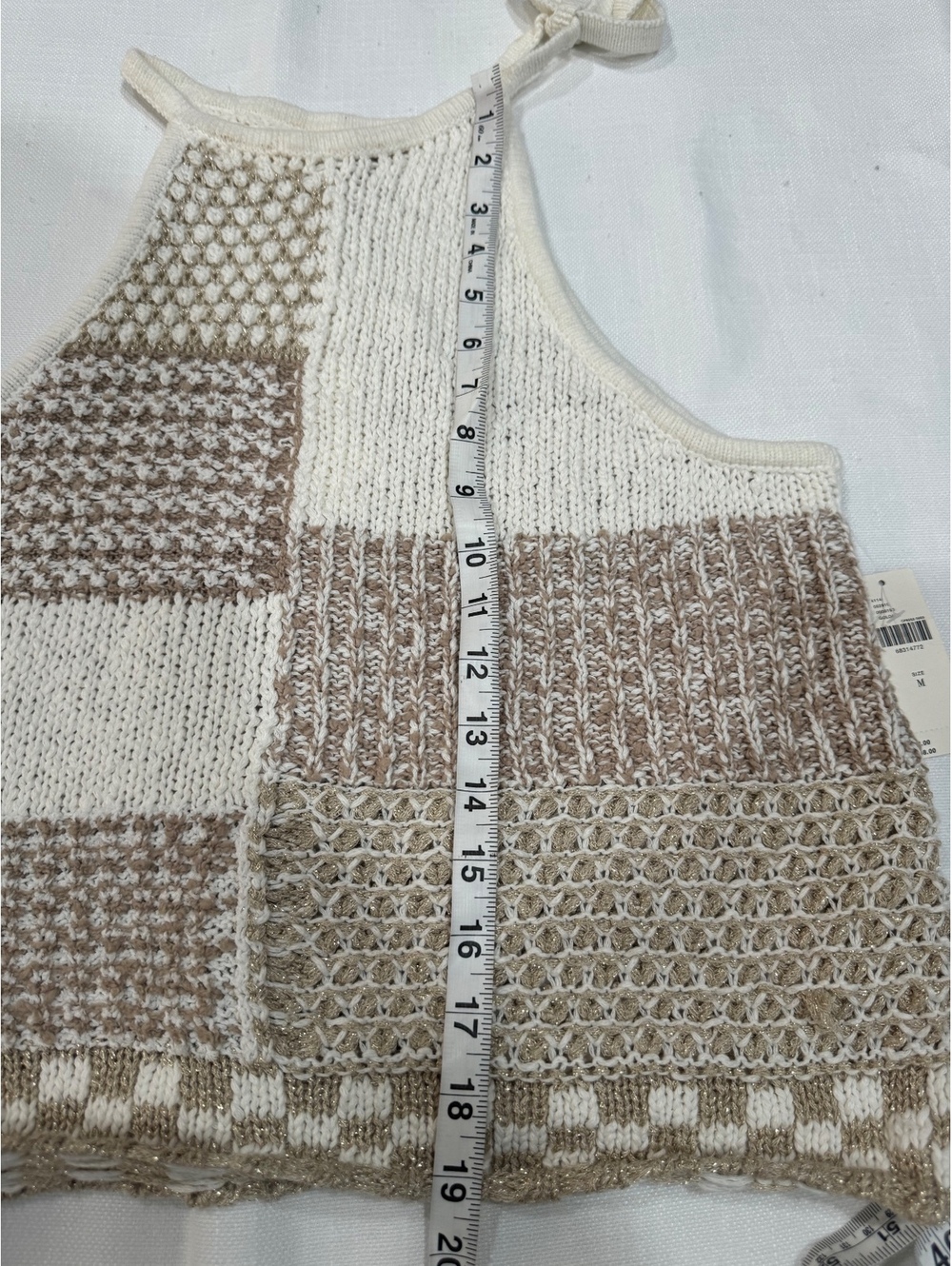 NWT Anthropologie Patchwork Knit Halter Top Beige Gold Metallic Medium - Picture 7 of 9